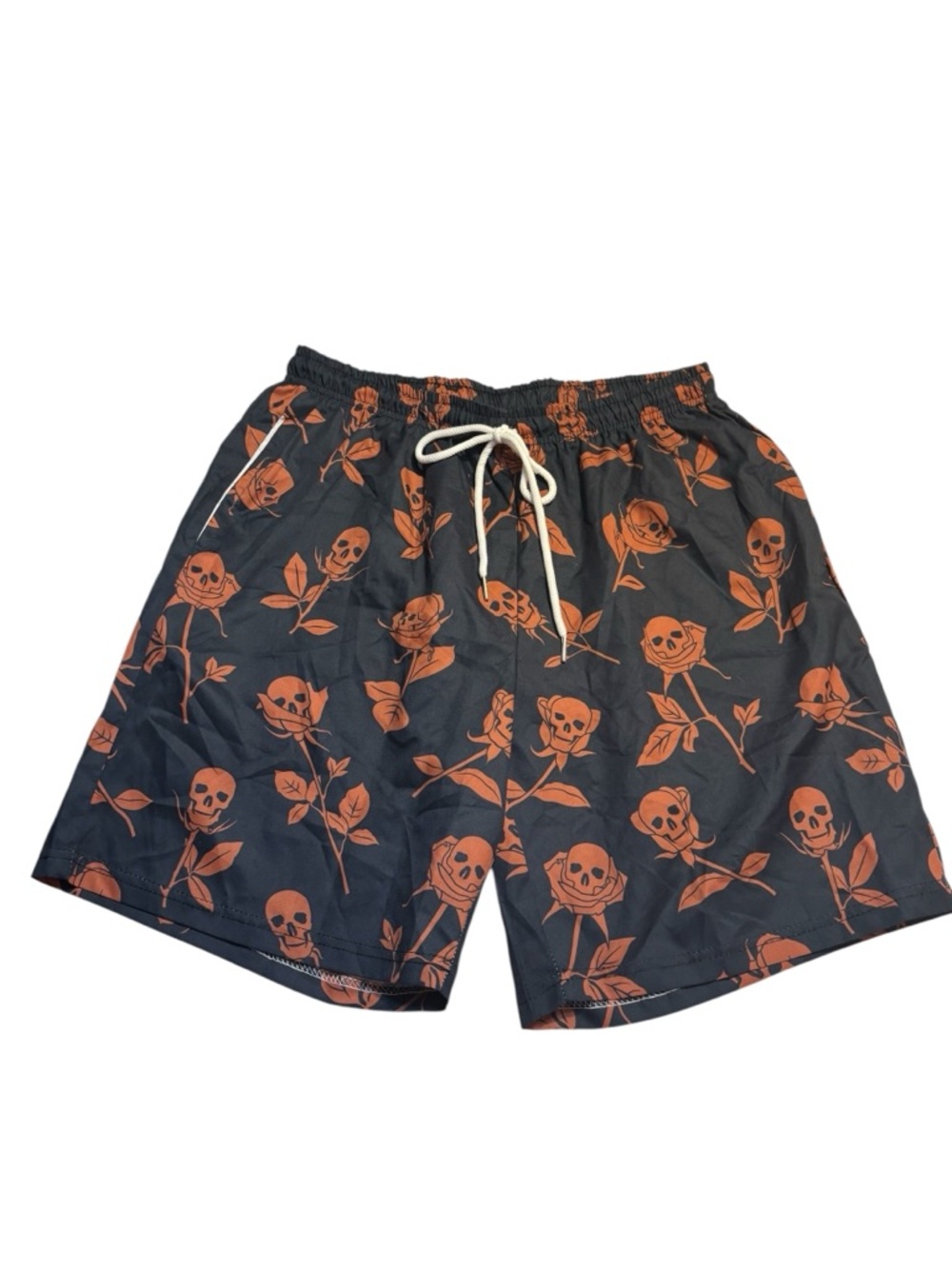 New ROMWE Swim Trunks Large Black Orange Brown Skull & Rose Drawstring NWT
